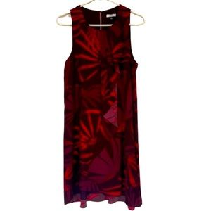HALSTON RED SLEEVELESS PLEATED TROPICAL SUMMER MIDI  DRESS SIZE 8